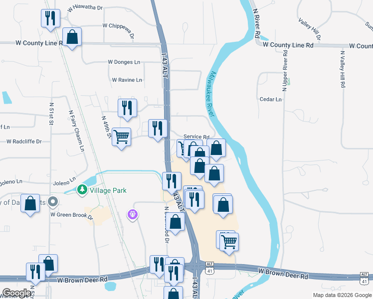 map of restaurants, bars, coffee shops, grocery stores, and more near 4200 Service Road in Brown Deer