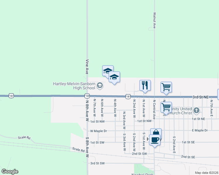 map of restaurants, bars, coffee shops, grocery stores, and more near 300 North 8th Avenue West in Hartley