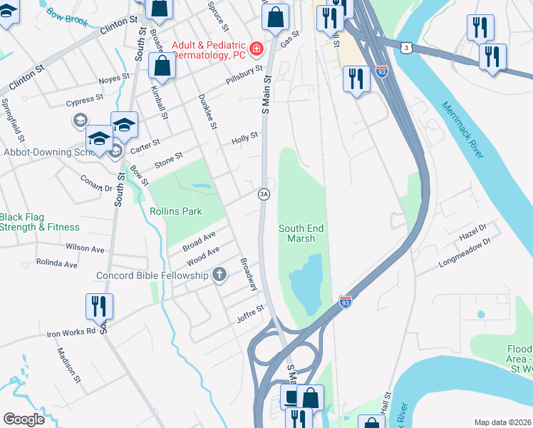 map of restaurants, bars, coffee shops, grocery stores, and more near 326 South Main Street in Concord