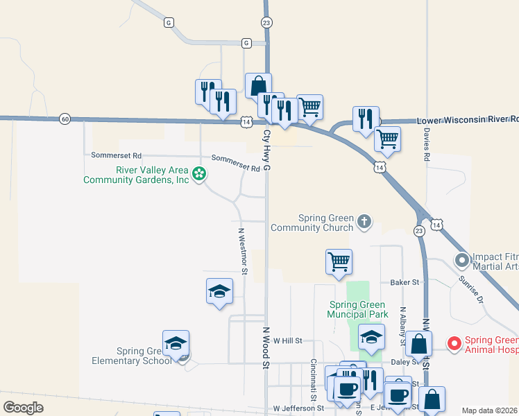 map of restaurants, bars, coffee shops, grocery stores, and more near 513 Jordan Way in Spring Green