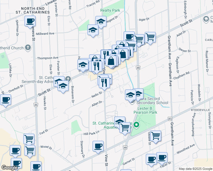 map of restaurants, bars, coffee shops, grocery stores, and more near 378 Vine Street in Saint Catharines