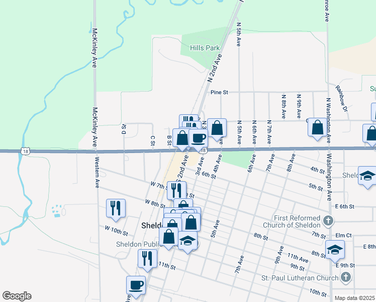 map of restaurants, bars, coffee shops, grocery stores, and more near 101-299 N 2nd Ave in Sheldon