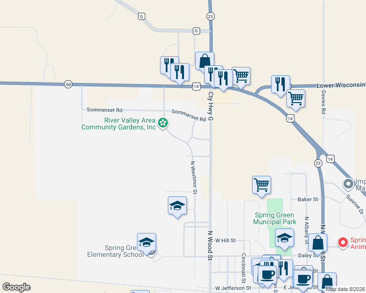 map of restaurants, bars, coffee shops, grocery stores, and more near 820 North Westmor Street in Spring Green