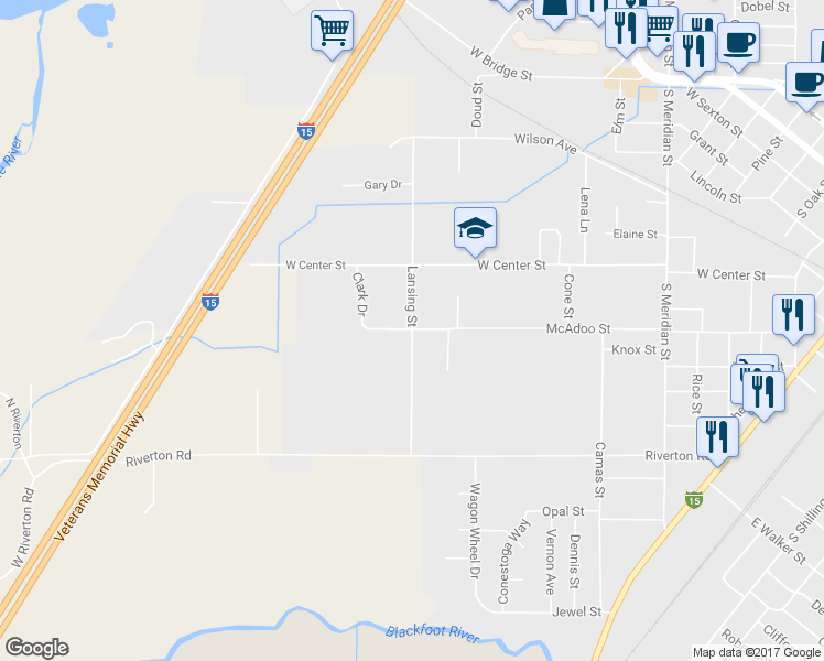 map of restaurants, bars, coffee shops, grocery stores, and more near 801 Lansing Street in Blackfoot