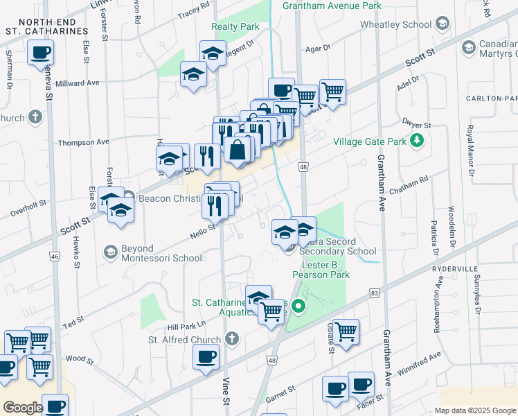 map of restaurants, bars, coffee shops, grocery stores, and more near 129 Old Pine Trail in St. Catharines