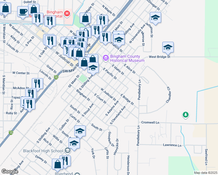 map of restaurants, bars, coffee shops, grocery stores, and more near 289 East Bridge Street in Blackfoot