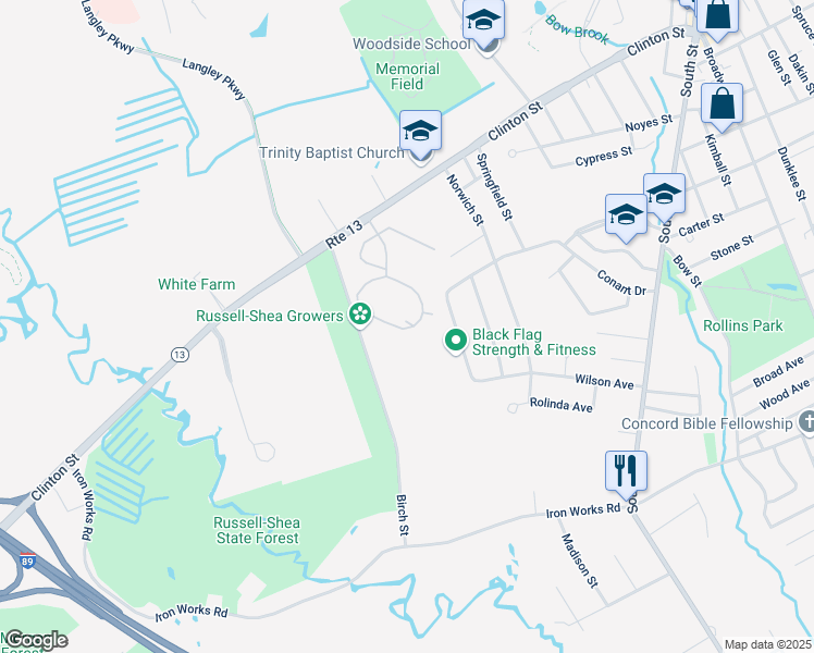 map of restaurants, bars, coffee shops, grocery stores, and more near 99 Clinton Street in Concord