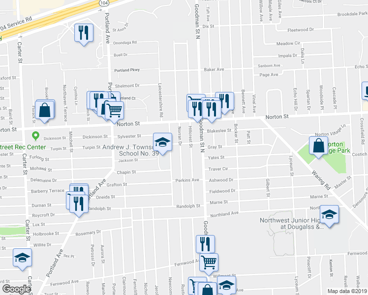 map of restaurants, bars, coffee shops, grocery stores, and more near 215 Norran Drive in Rochester
