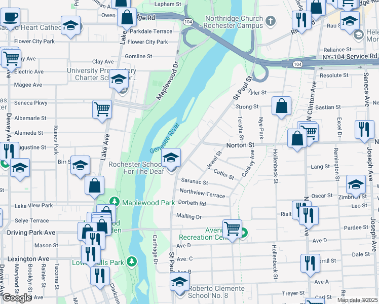 map of restaurants, bars, coffee shops, grocery stores, and more near 1629 Saint Paul Street in Rochester