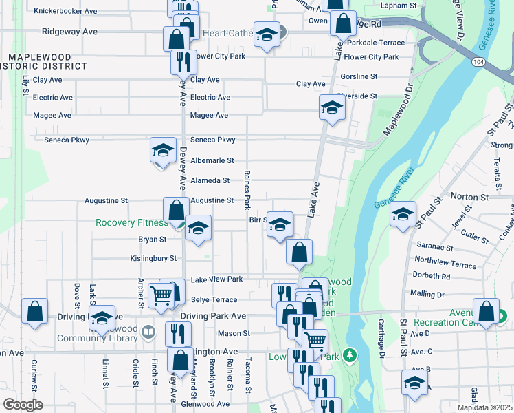 map of restaurants, bars, coffee shops, grocery stores, and more near 110 Augustine Street in Rochester