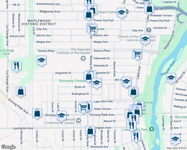 map of restaurants, bars, coffee shops, grocery stores, and more near in Rochester
