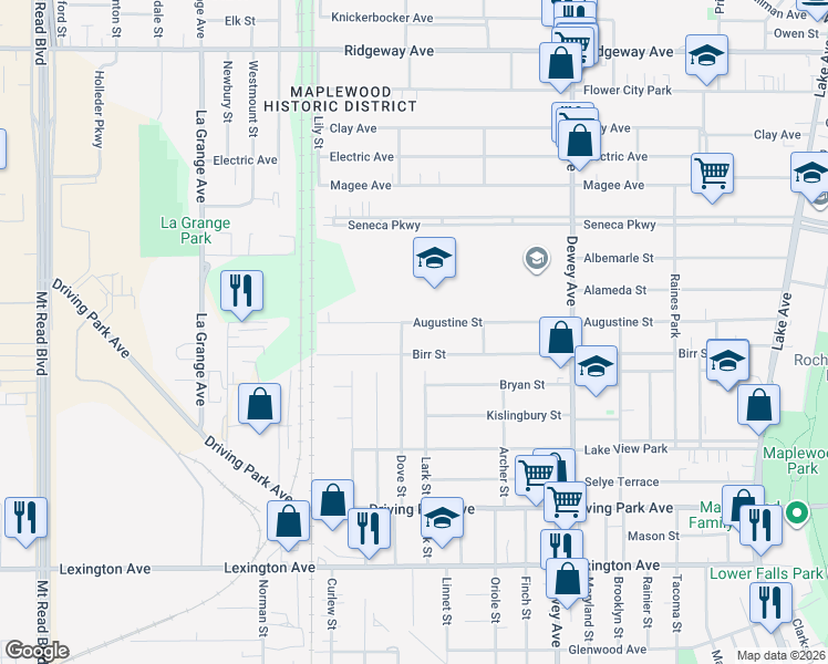 map of restaurants, bars, coffee shops, grocery stores, and more near 480 Augustine Street in Rochester
