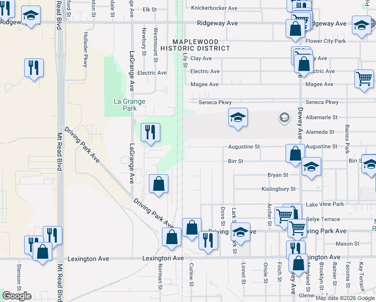 map of restaurants, bars, coffee shops, grocery stores, and more near 636 Augustine Street in Rochester