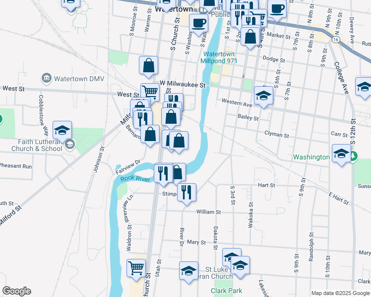 map of restaurants, bars, coffee shops, grocery stores, and more near 701 S Church St in Watertown