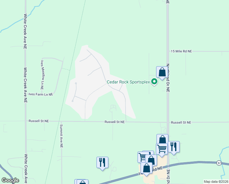map of restaurants, bars, coffee shops, grocery stores, and more near 12117 White Cedar Drive in Cedar Springs