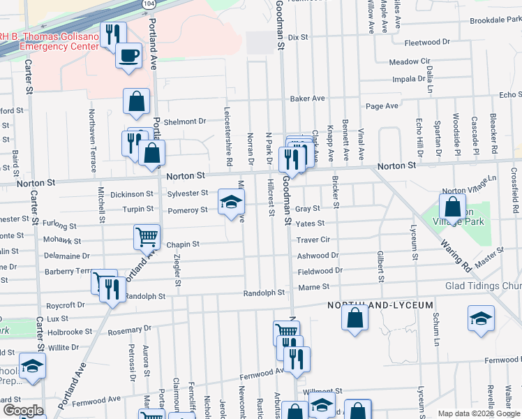 map of restaurants, bars, coffee shops, grocery stores, and more near 215 Norran Drive in Rochester