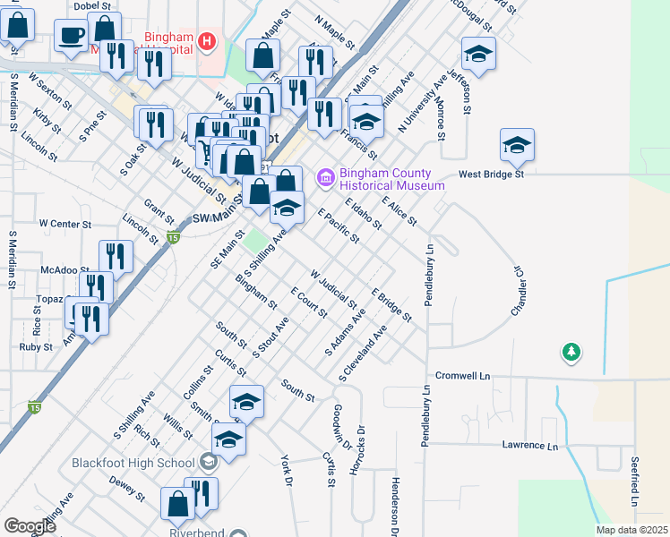 map of restaurants, bars, coffee shops, grocery stores, and more near 314 East Bridge Street in Blackfoot