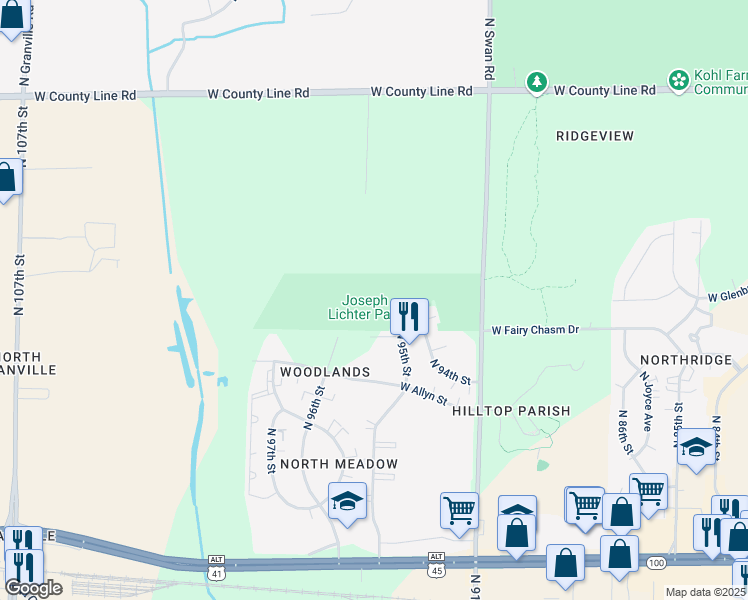 map of restaurants, bars, coffee shops, grocery stores, and more near 9201 North Swan Road in Milwaukee