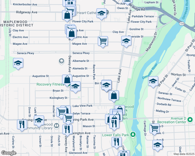 map of restaurants, bars, coffee shops, grocery stores, and more near 110 Augustine Street in Rochester