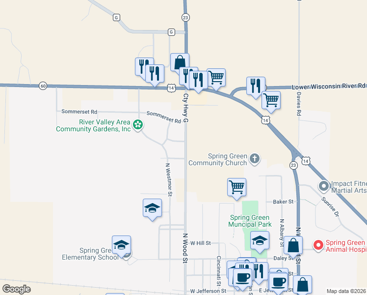 map of restaurants, bars, coffee shops, grocery stores, and more near Cty Highway G in Spring Green