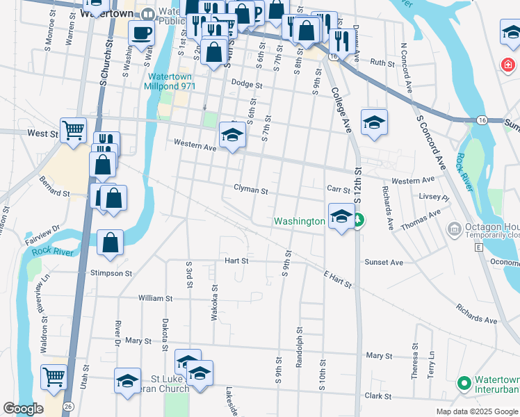 map of restaurants, bars, coffee shops, grocery stores, and more near 705 Clyman Street in Watertown