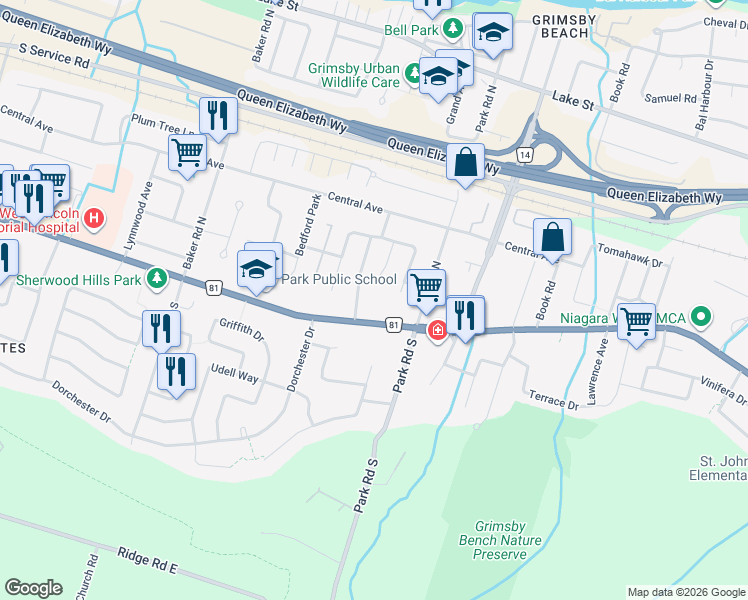 map of restaurants, bars, coffee shops, grocery stores, and more near 245 Main Street East in Grimsby