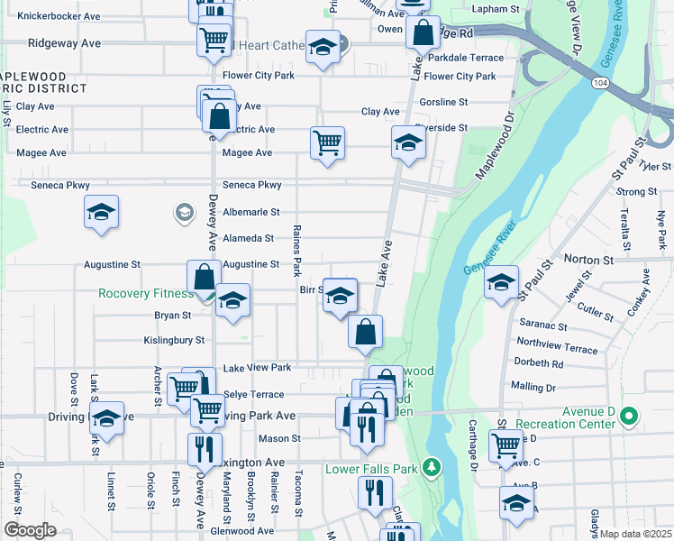 map of restaurants, bars, coffee shops, grocery stores, and more near 2 Burke Terrace in Rochester