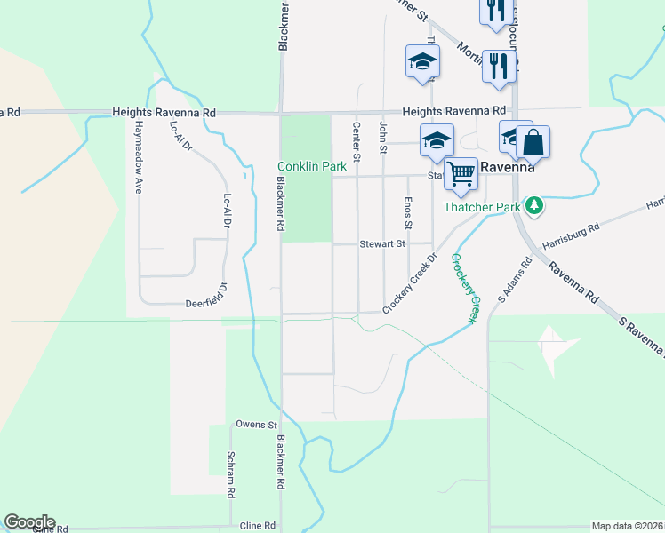 map of restaurants, bars, coffee shops, grocery stores, and more near 3743 Conklin Street in Ravenna