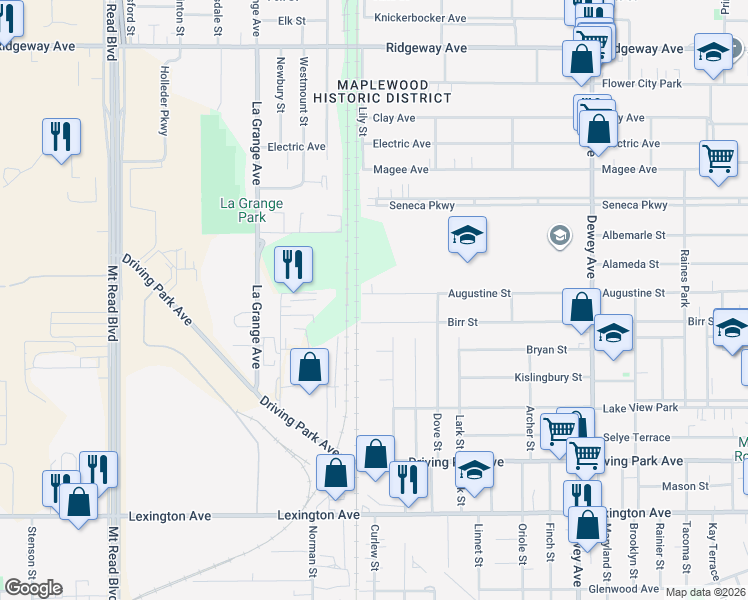 map of restaurants, bars, coffee shops, grocery stores, and more near 588 Augustine Street in Rochester