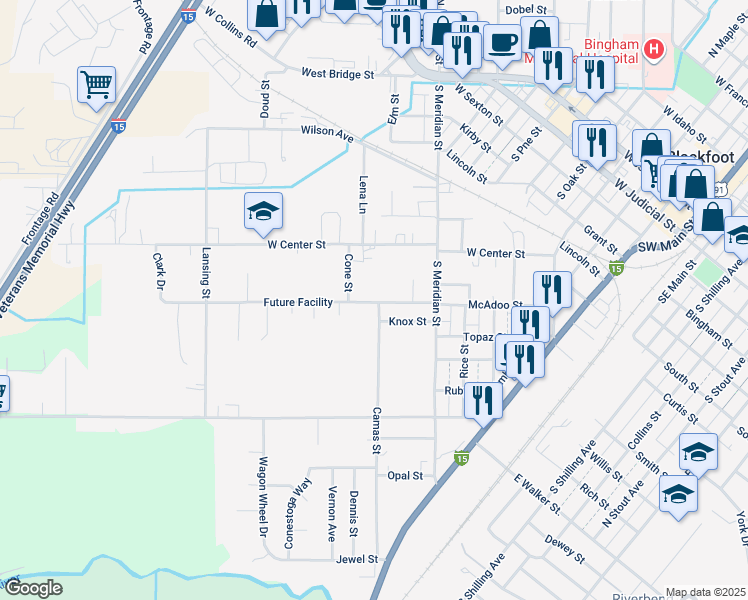 map of restaurants, bars, coffee shops, grocery stores, and more near 625 McAdoo Street in Blackfoot