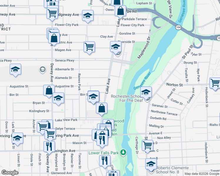 map of restaurants, bars, coffee shops, grocery stores, and more near 1108 Lake Avenue in Rochester