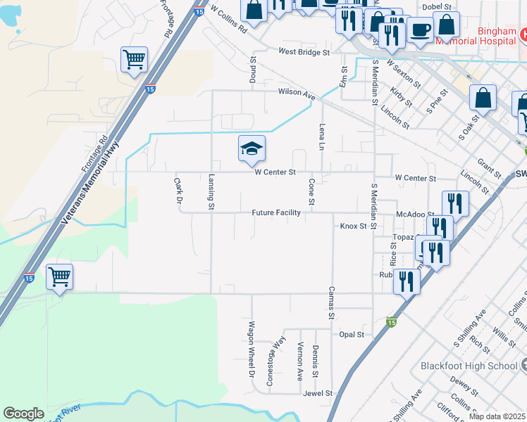 map of restaurants, bars, coffee shops, grocery stores, and more near 945 McAdoo Street in Blackfoot