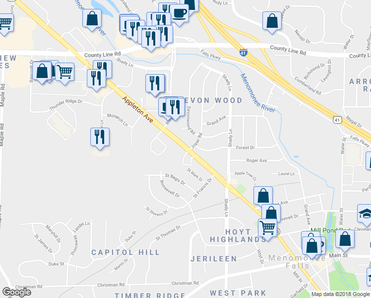 map of restaurants, bars, coffee shops, grocery stores, and more near 0 Appleton Avenue in Menomonee Falls