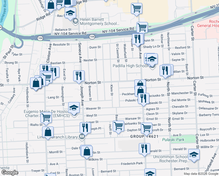 map of restaurants, bars, coffee shops, grocery stores, and more near 715 Norton Street in Rochester