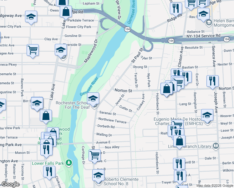 map of restaurants, bars, coffee shops, grocery stores, and more near 80 Norton Street in Rochester