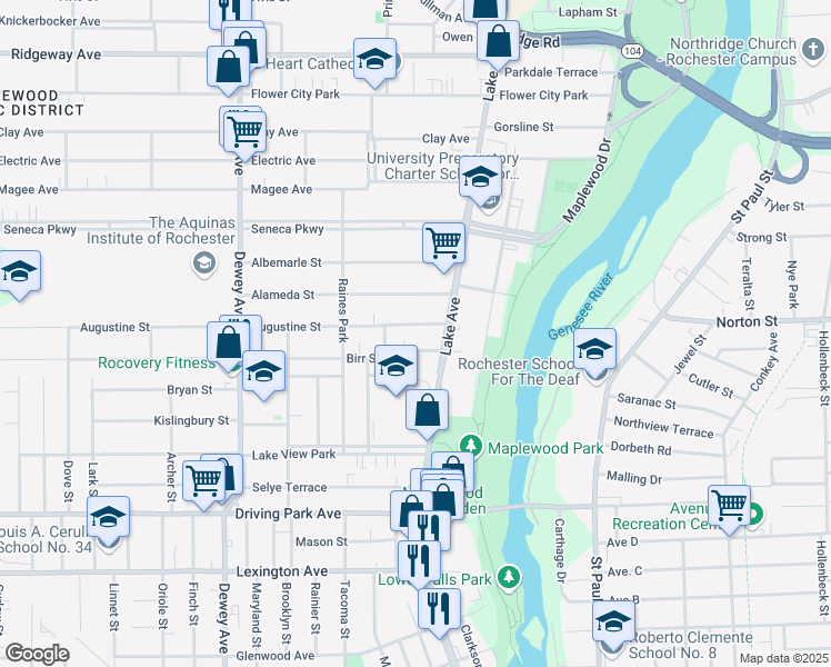 map of restaurants, bars, coffee shops, grocery stores, and more near 54 Augustine Street in Rochester