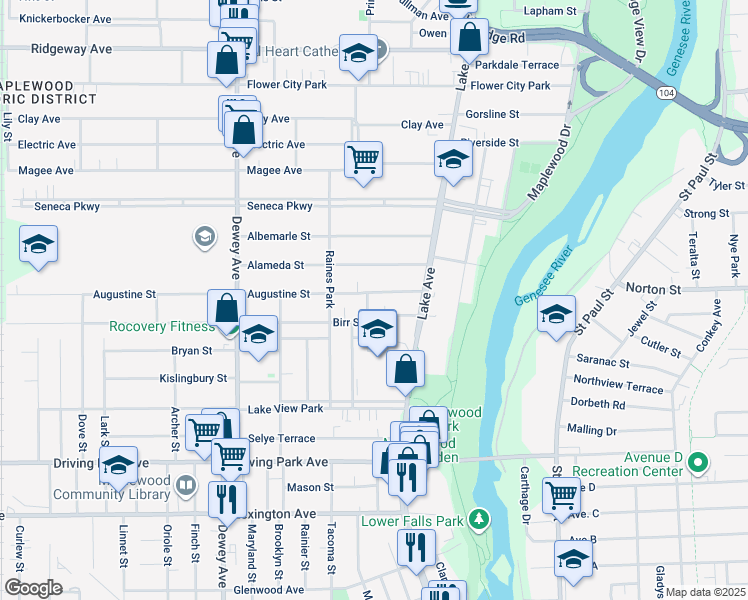 map of restaurants, bars, coffee shops, grocery stores, and more near 54 Augustine Street in Rochester