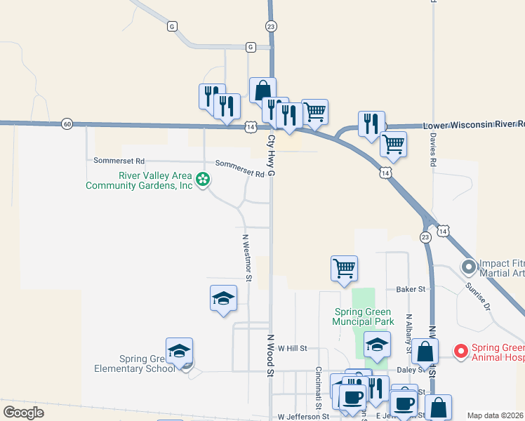 map of restaurants, bars, coffee shops, grocery stores, and more near 513 Jordan Way in Spring Green