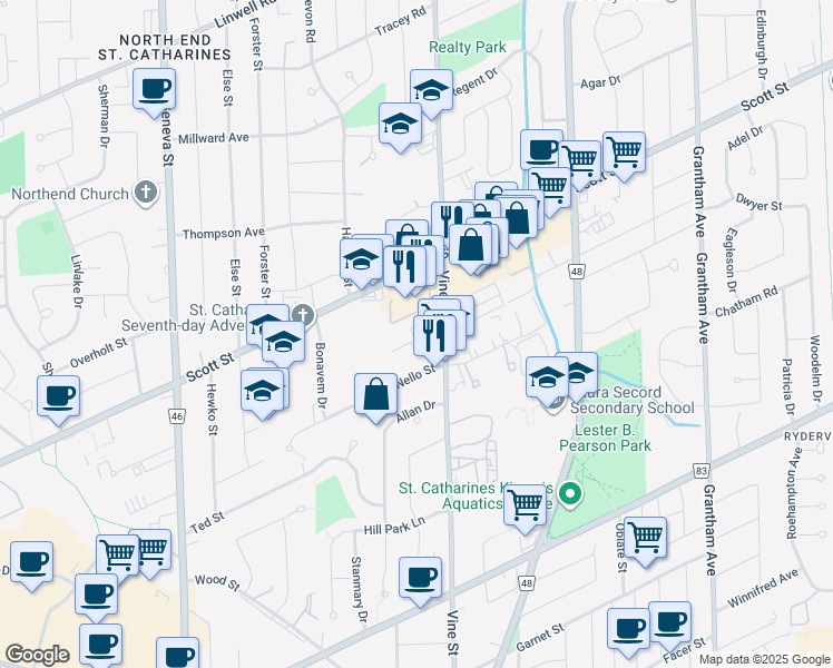 map of restaurants, bars, coffee shops, grocery stores, and more near 385 Vine Street in Saint Catharines