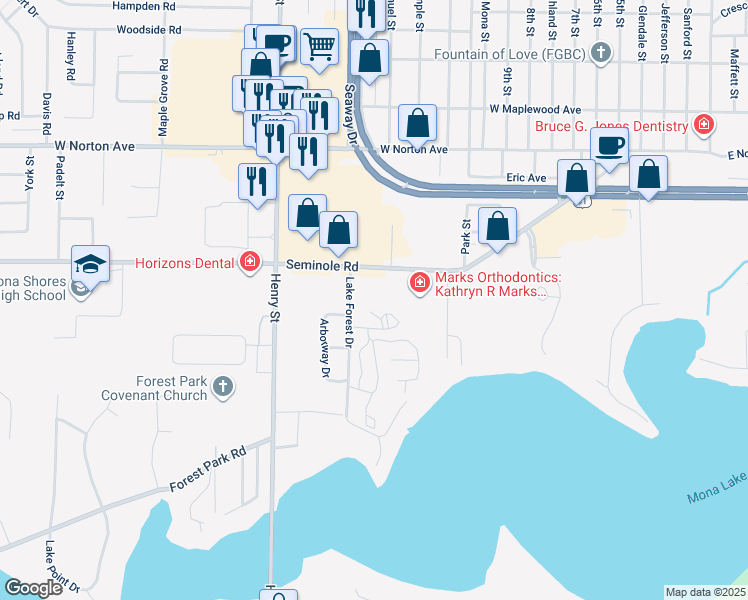 map of restaurants, bars, coffee shops, grocery stores, and more near 635 Seminole Road in Norton Shores