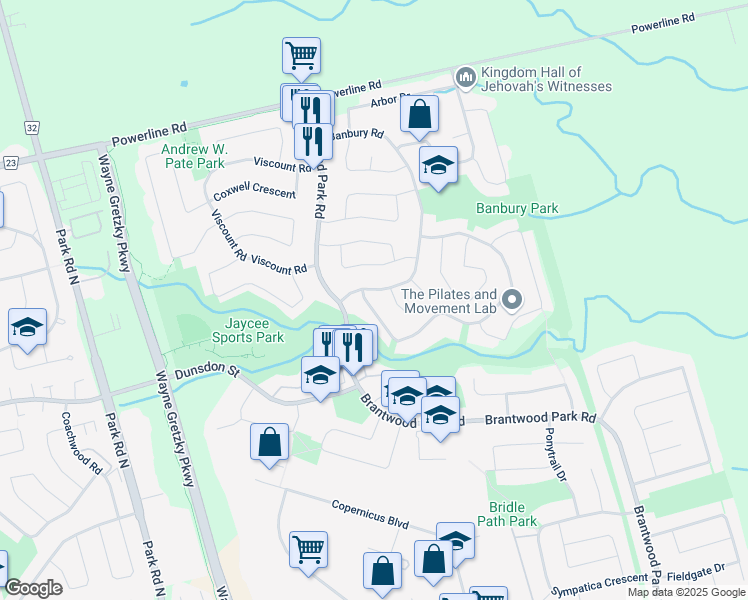 map of restaurants, bars, coffee shops, grocery stores, and more near 192 Banbury Road in Brantford