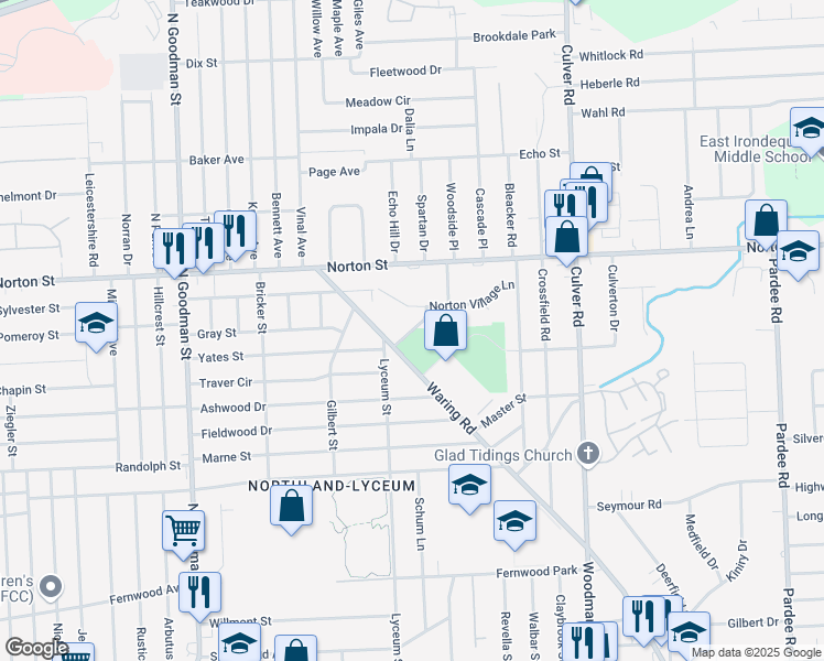 map of restaurants, bars, coffee shops, grocery stores, and more near Veteran Street in Rochester