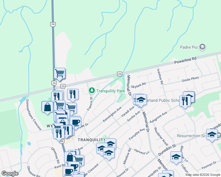 map of restaurants, bars, coffee shops, grocery stores, and more near 79 Royal Oak Drive in Brantford