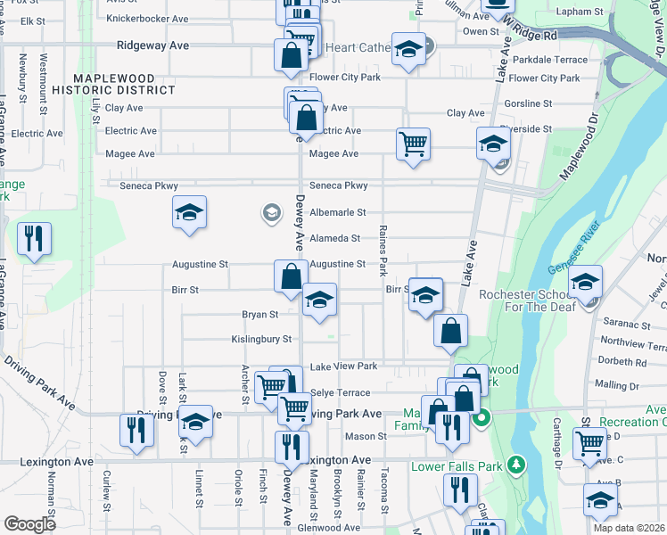 map of restaurants, bars, coffee shops, grocery stores, and more near 325 Pierpont Street in Rochester