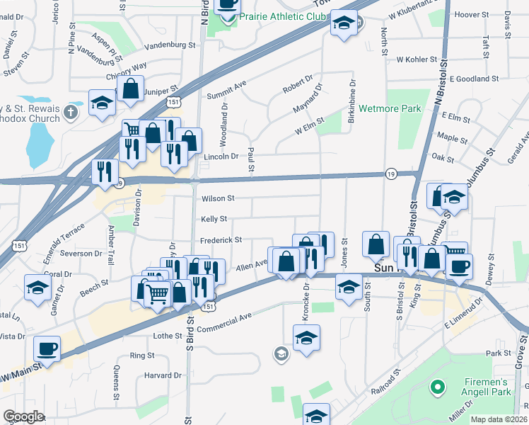 map of restaurants, bars, coffee shops, grocery stores, and more near 539 Wilson Street in Sun Prairie