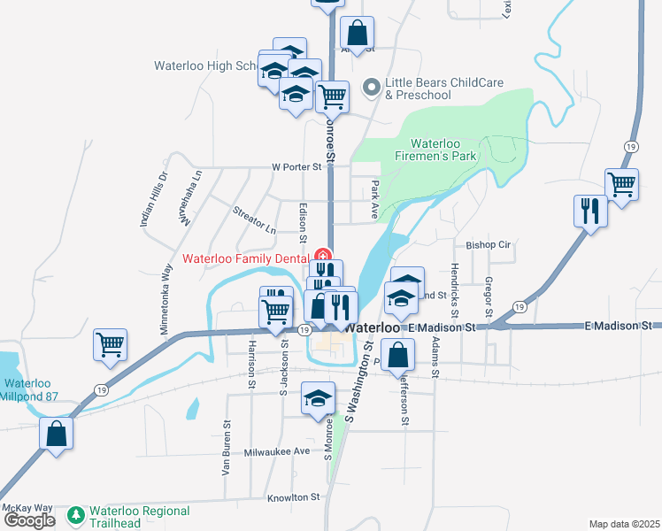 map of restaurants, bars, coffee shops, grocery stores, and more near 136 North Monroe Street in Waterloo