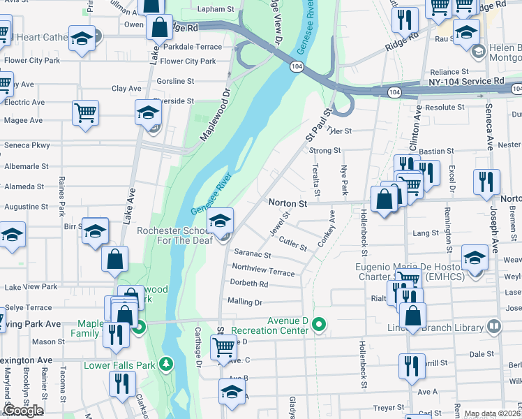 map of restaurants, bars, coffee shops, grocery stores, and more near 80 Norton Street in Rochester