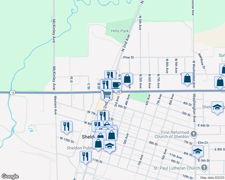 map of restaurants, bars, coffee shops, grocery stores, and more near 101 North 2nd Avenue in Sheldon