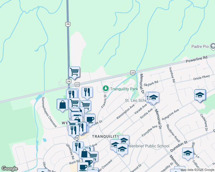 map of restaurants, bars, coffee shops, grocery stores, and more near 335 Francis Street in Brantford