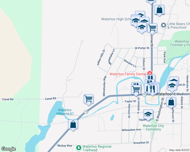 map of restaurants, bars, coffee shops, grocery stores, and more near 614 West Indian Hills Drive in Waterloo